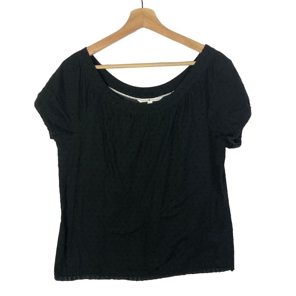 Tommy Hilfiger Black Eyelet Lace Round Neck Short Sleeve Blouse M